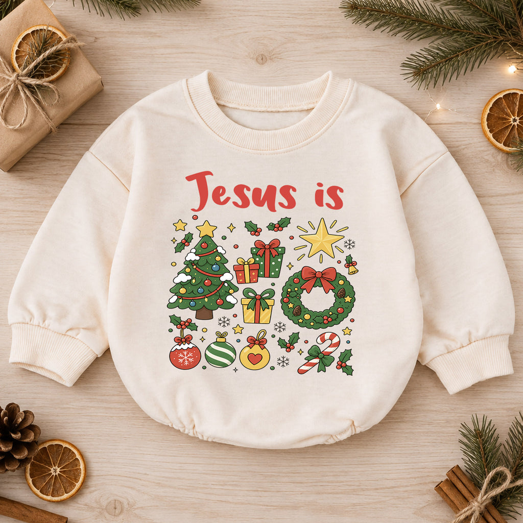 Jesus Is Christmas Baby Romper, Christian Christmas Romper, Faith Based Holiday Outfit, Toddler Religious Xmas Gift — product view 1