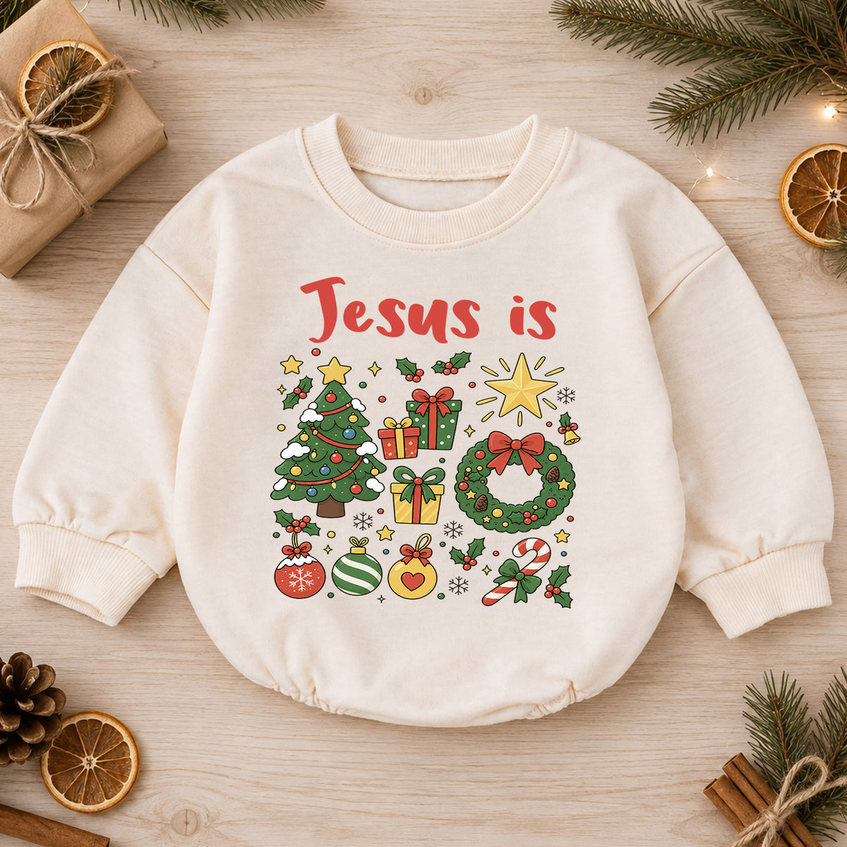 Jesus Is Christmas Baby Romper, Christian Christmas Romper, Faith Based Holiday Outfit, Toddler Religious Xmas Gift — product view 1