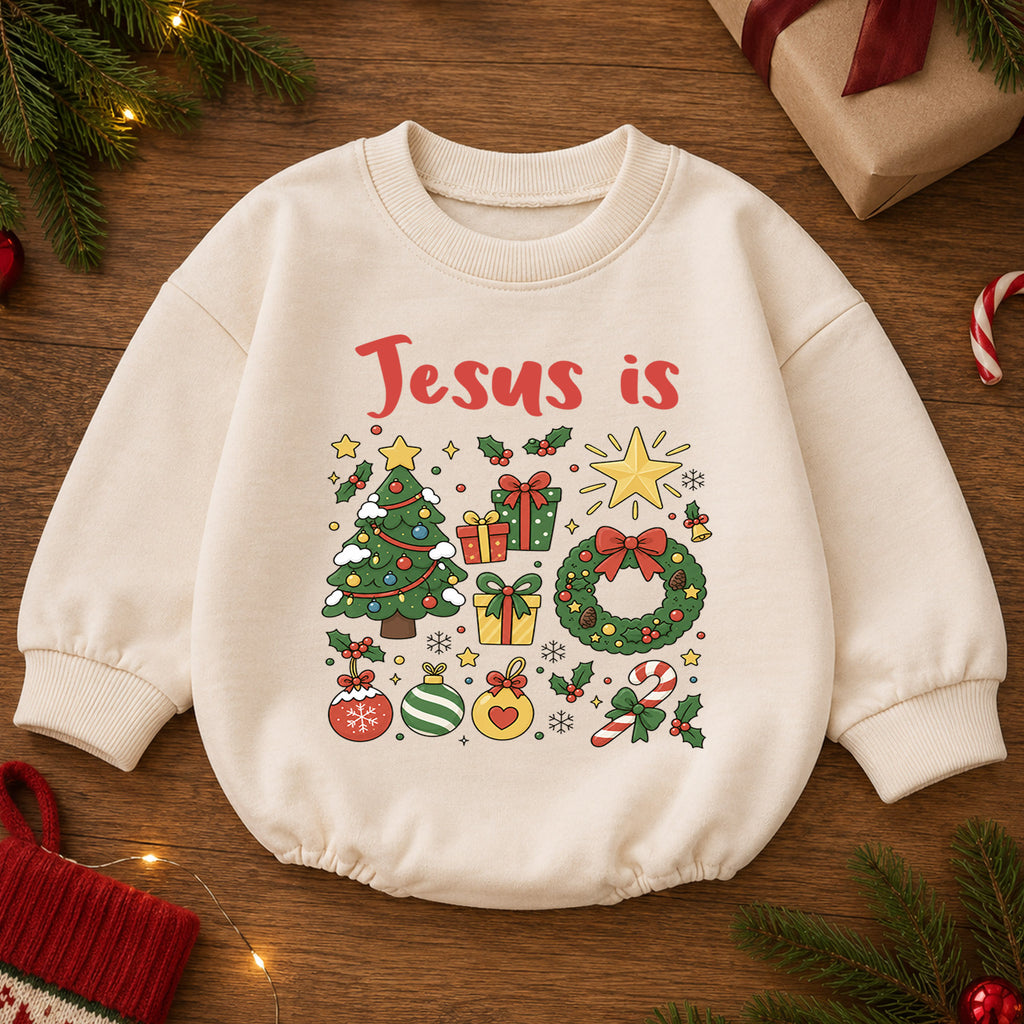 Jesus Is Christmas Baby Romper, Christian Christmas Romper, Faith Based Holiday Outfit, Toddler Religious Xmas Gift — product view 2