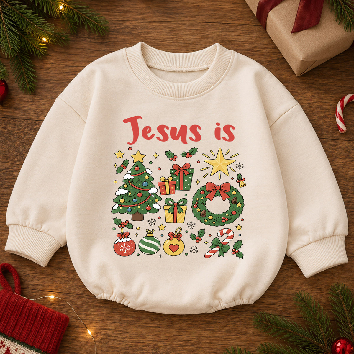 Jesus Is Christmas Baby Romper, Christian Christmas Romper, Faith Based Holiday Outfit, Toddler Religious Xmas Gift — product view 2
