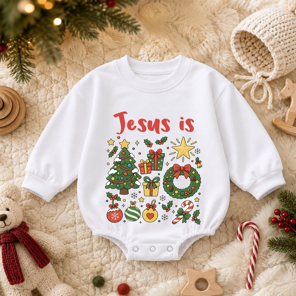 Jesus Is Christmas Baby Romper, Christian Christmas Romper, Faith Based Holiday Outfit, Toddler Religious Xmas Gift — product view 3