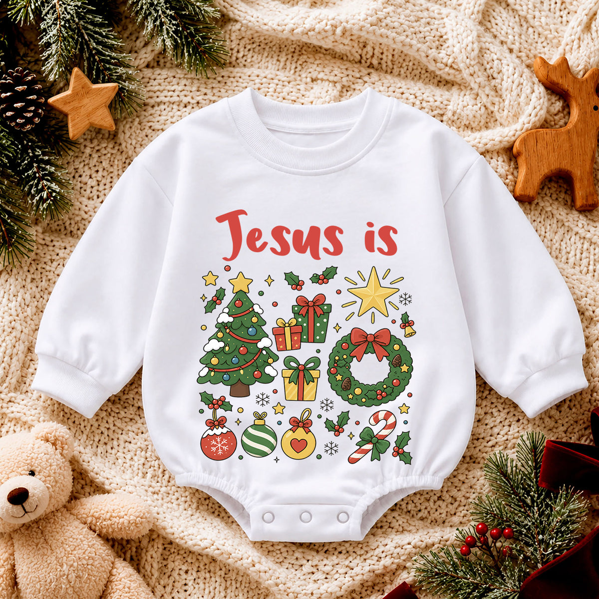 Jesus Is Christmas Baby Romper, Christian Christmas Romper, Faith Based Holiday Outfit, Toddler Religious Xmas Gift — product view 4