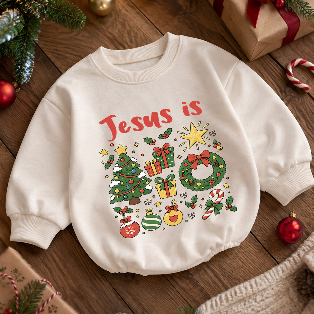 Jesus Is Christmas Baby Romper, Christian Christmas Romper, Faith Based Holiday Outfit, Toddler Religious Xmas Gift — product view 5