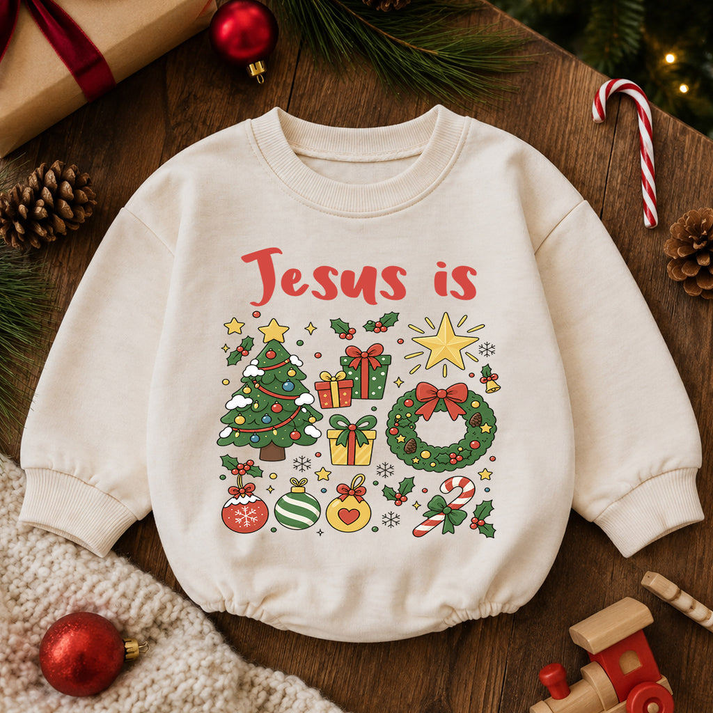 Jesus Is Christmas Baby Romper, Christian Christmas Romper, Faith Based Holiday Outfit, Toddler Religious Xmas Gift — product view 6