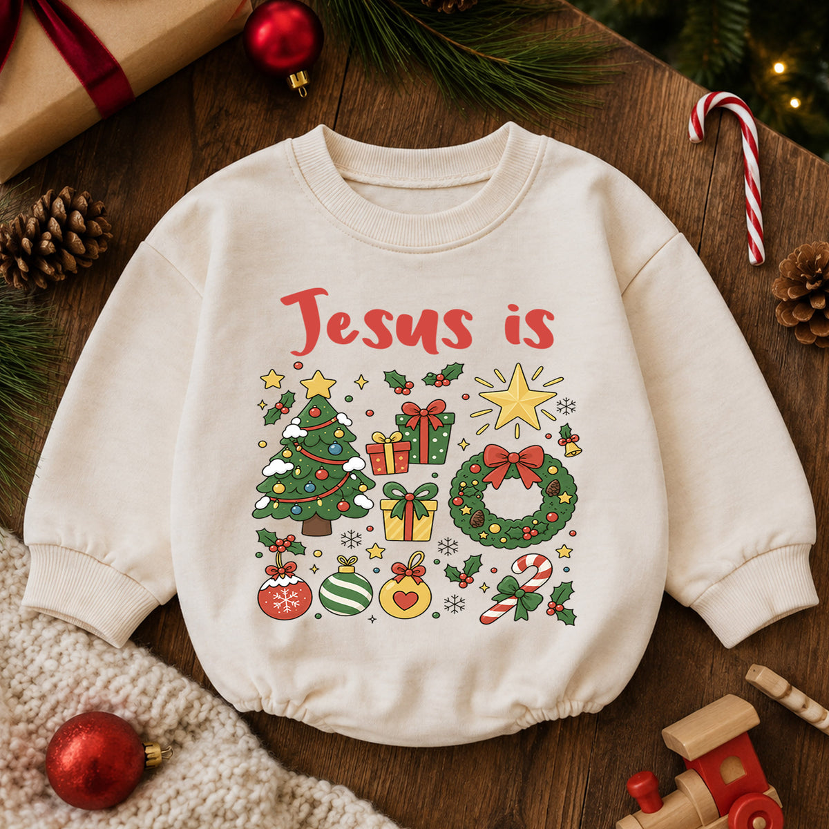Jesus Is Christmas Baby Romper, Christian Christmas Romper, Faith Based Holiday Outfit, Toddler Religious Xmas Gift — product view 6