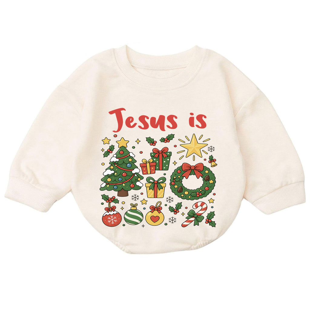 Jesus Is Christmas Baby Romper, Christian Christmas Romper, Faith Based Holiday Outfit, Toddler Religious Xmas Gift — product view 7
