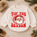 Tis the Season Santa Baby Romper, Retro Santa Christmas Romper, Checkerboard Holiday Outfit, Toddler Xmas Gift — product view 1