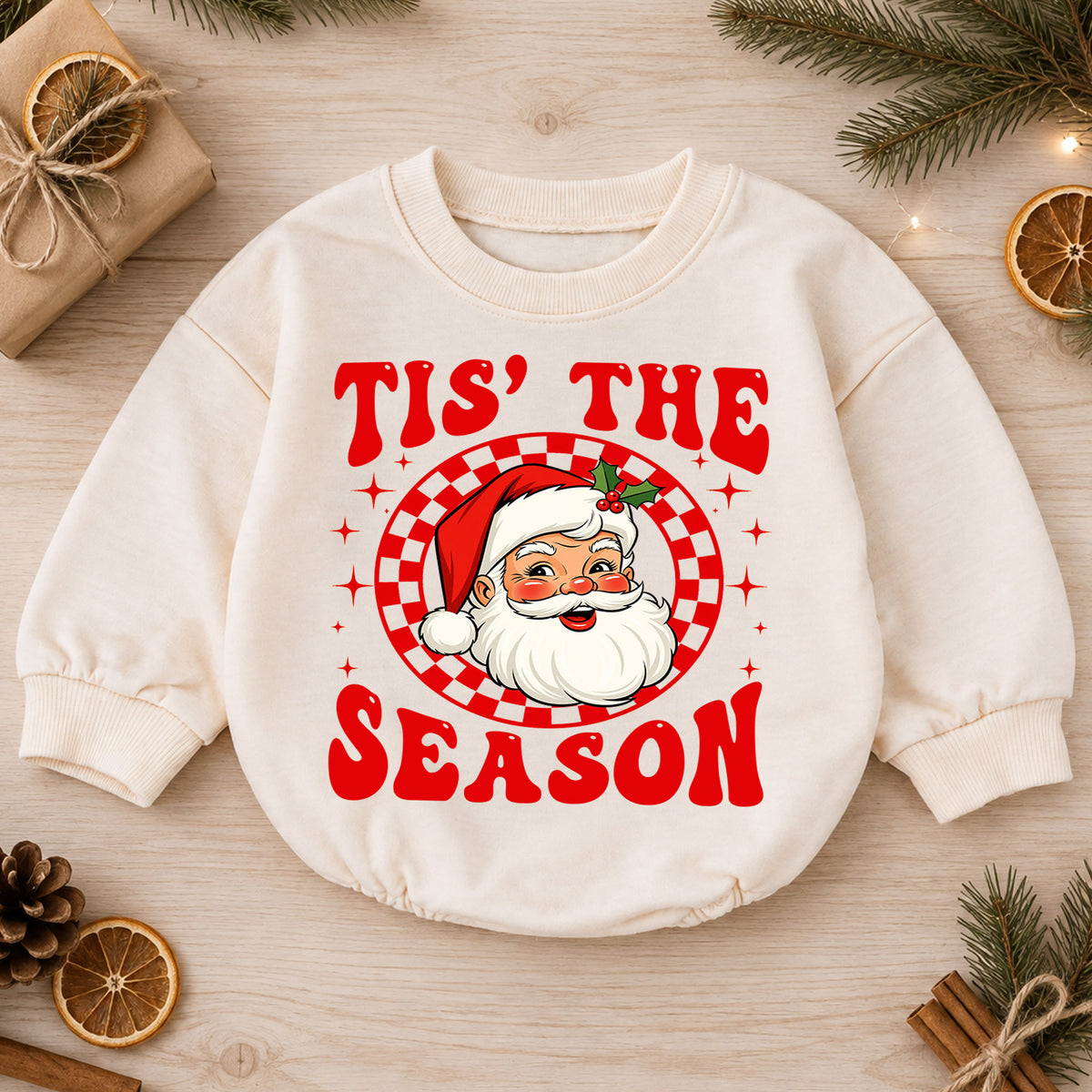 Tis the Season Santa Baby Romper, Retro Santa Christmas Romper, Checkerboard Holiday Outfit, Toddler Xmas Gift — product view 1