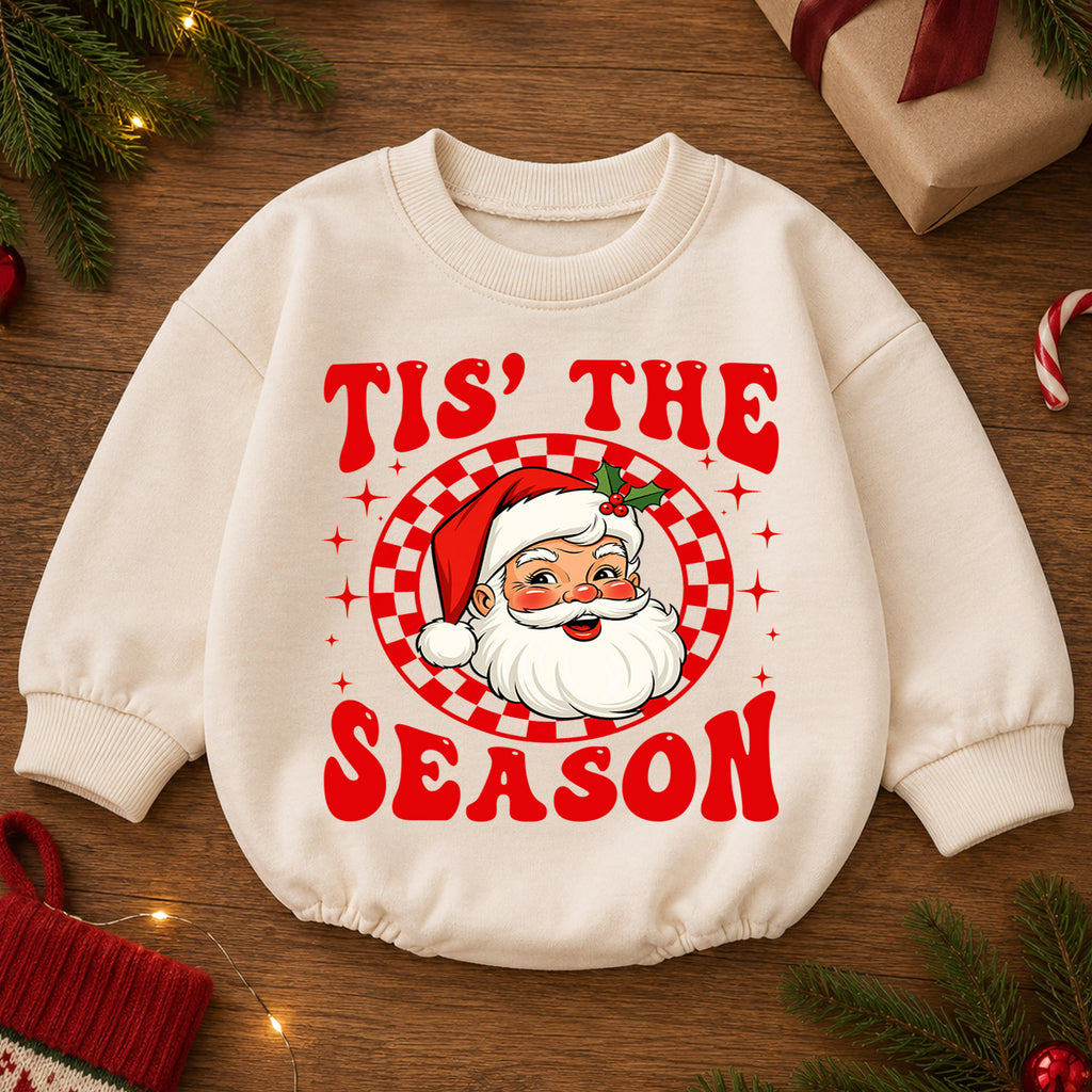 Tis the Season Santa Baby Romper, Retro Santa Christmas Romper, Checkerboard Holiday Outfit, Toddler Xmas Gift — product view 2