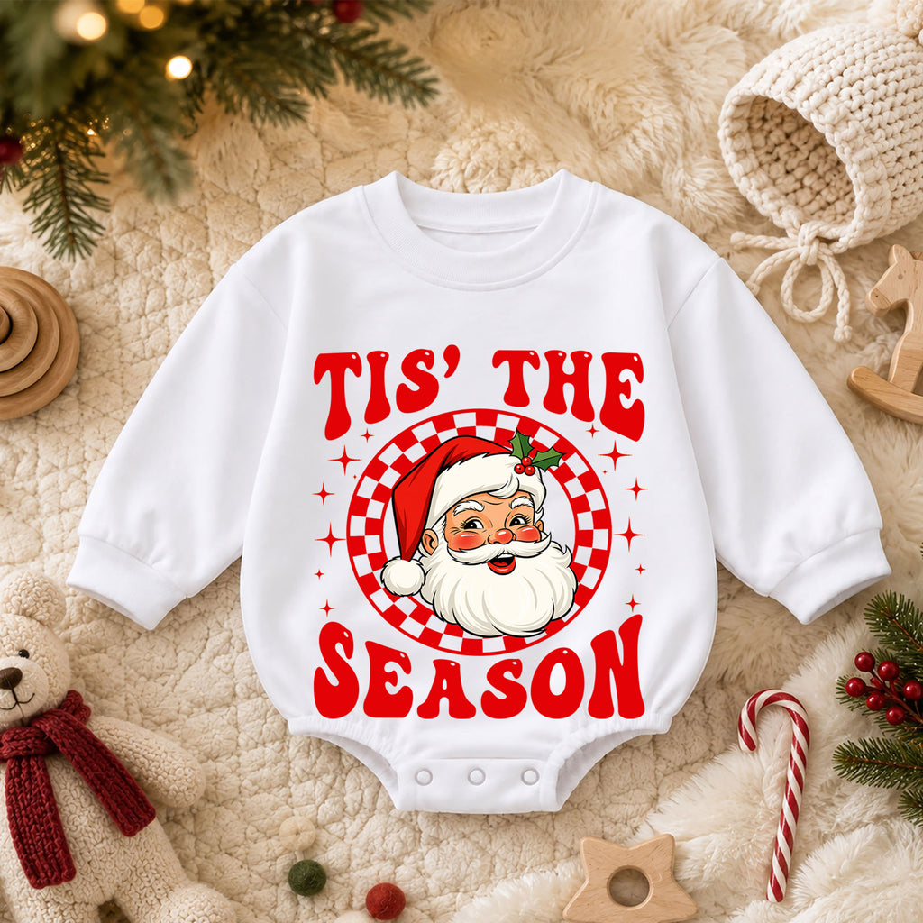 Tis the Season Santa Baby Romper, Retro Santa Christmas Romper, Checkerboard Holiday Outfit, Toddler Xmas Gift — product view 3