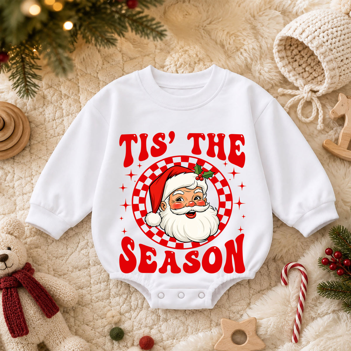 Tis the Season Santa Baby Romper, Retro Santa Christmas Romper, Checkerboard Holiday Outfit, Toddler Xmas Gift — product view 3