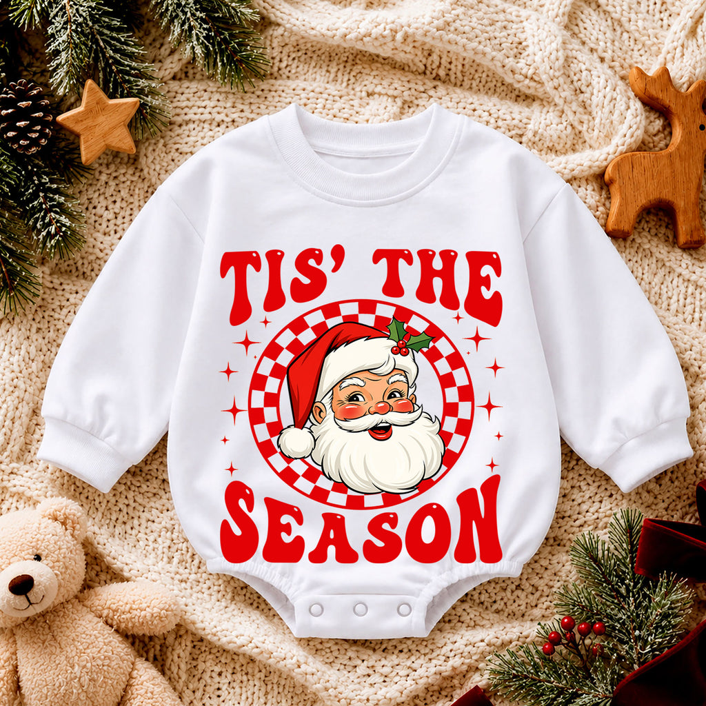 Tis the Season Santa Baby Romper, Retro Santa Christmas Romper, Checkerboard Holiday Outfit, Toddler Xmas Gift — product view 4