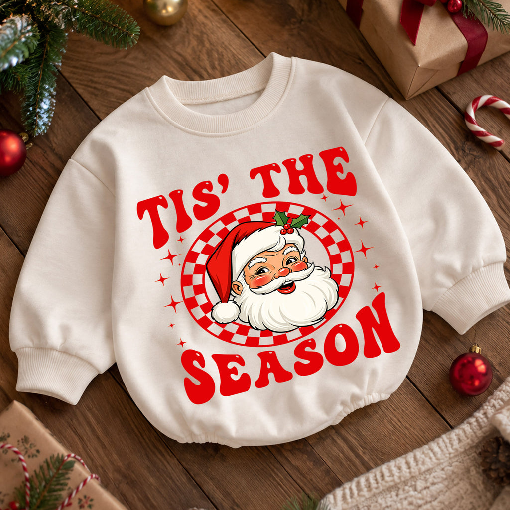 Tis the Season Santa Baby Romper, Retro Santa Christmas Romper, Checkerboard Holiday Outfit, Toddler Xmas Gift — product view 5