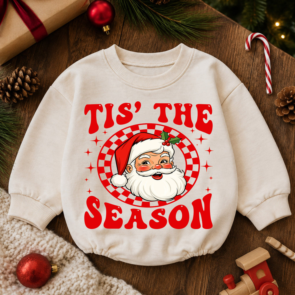 Tis the Season Santa Baby Romper, Retro Santa Christmas Romper, Checkerboard Holiday Outfit, Toddler Xmas Gift — product view 6