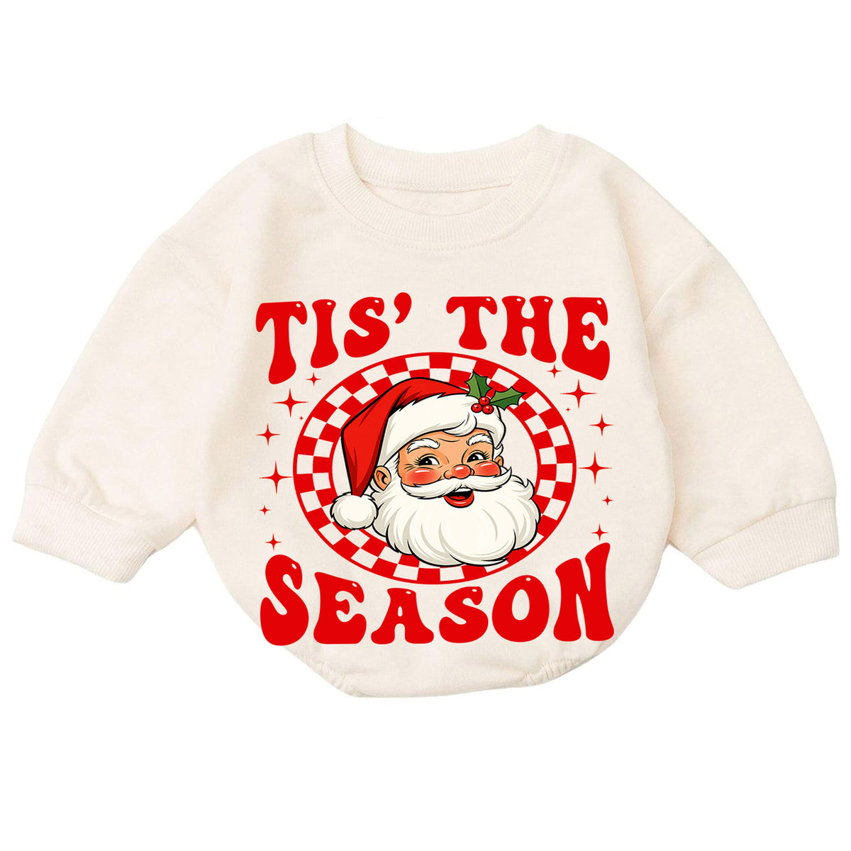 Tis the Season Santa Baby Romper, Retro Santa Christmas Romper, Checkerboard Holiday Outfit, Toddler Xmas Gift — product view 7