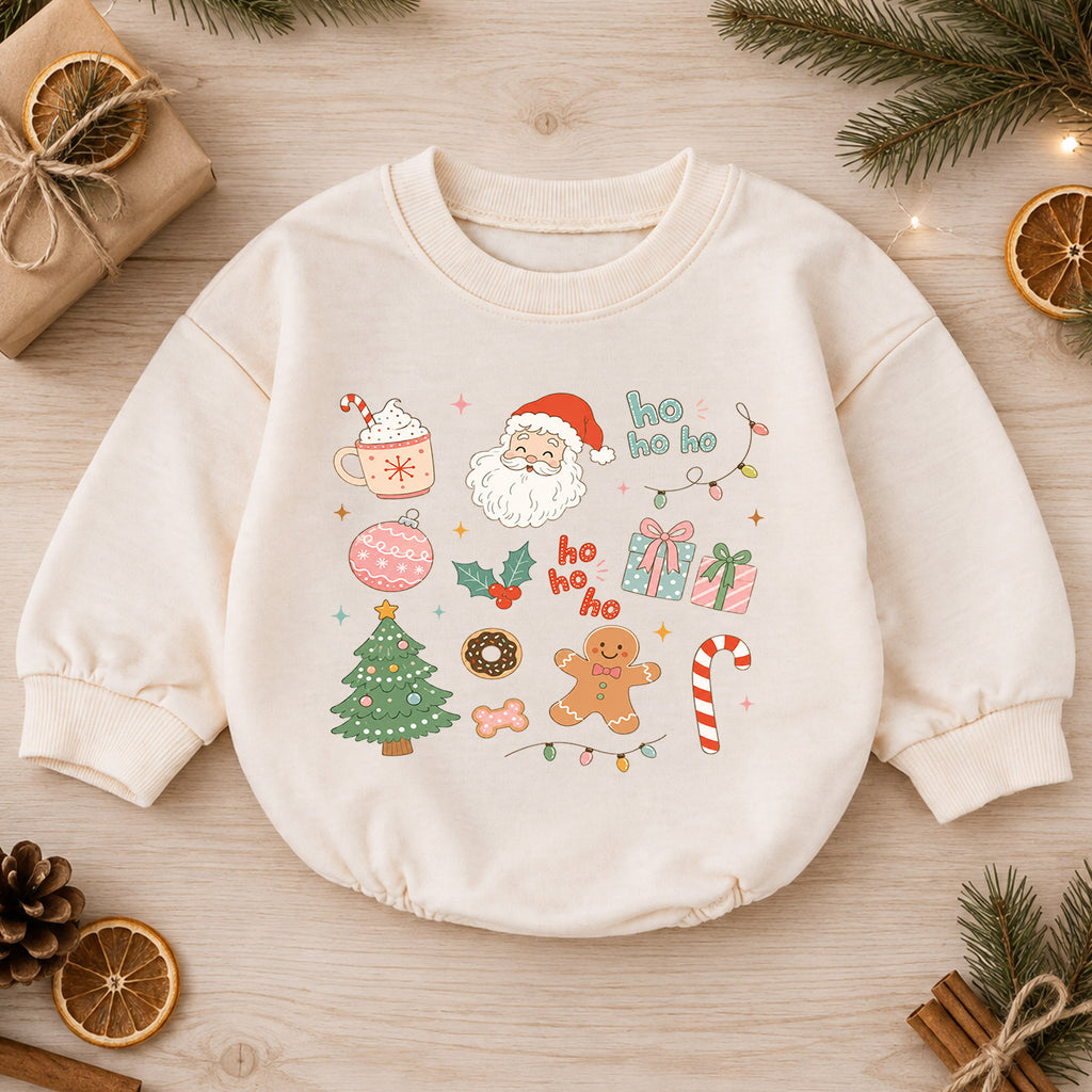 Ho Ho Ho Christmas Icons Baby Romper, Cute Santa Gingerbread Holiday Romper, Toddler Christmas Outfit, Xmas Gift — product view 1