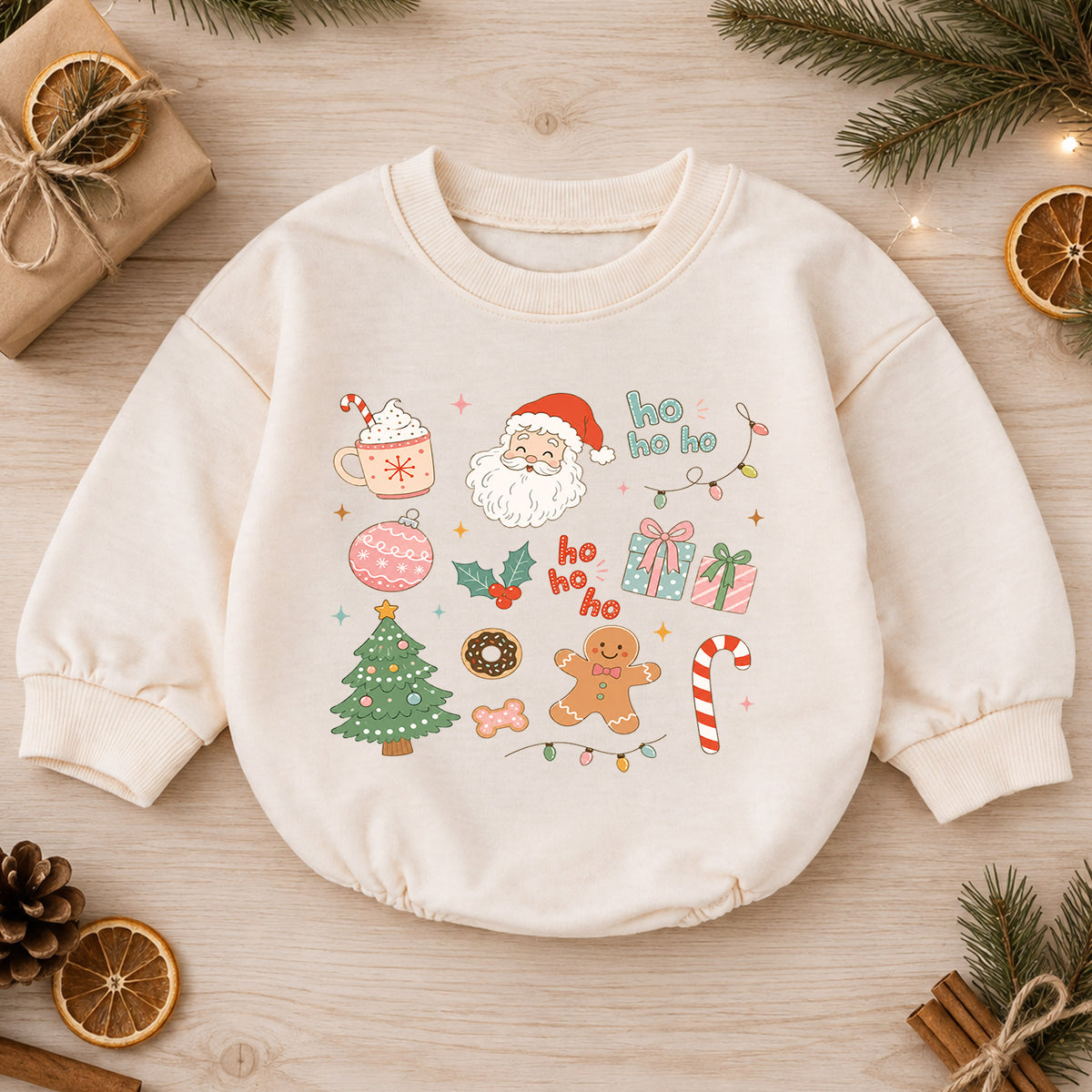 Ho Ho Ho Christmas Icons Baby Romper, Cute Santa Gingerbread Holiday Romper, Toddler Christmas Outfit, Xmas Gift — product view 1