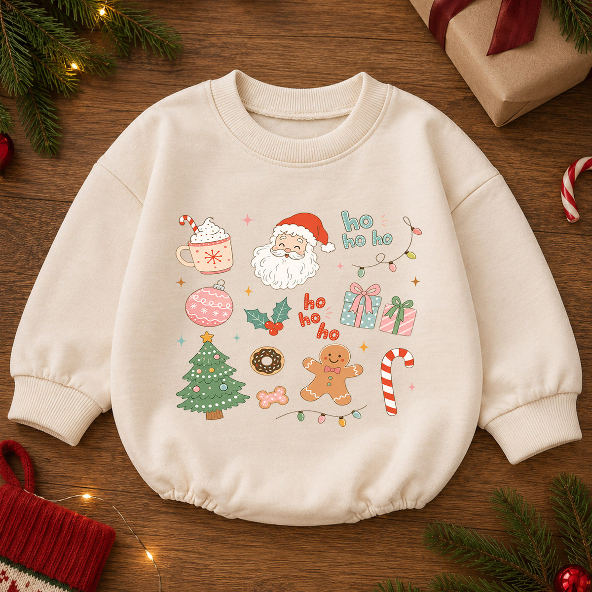 Ho Ho Ho Christmas Icons Baby Romper, Cute Santa Gingerbread Holiday Romper, Toddler Christmas Outfit, Xmas Gift — product view 2
