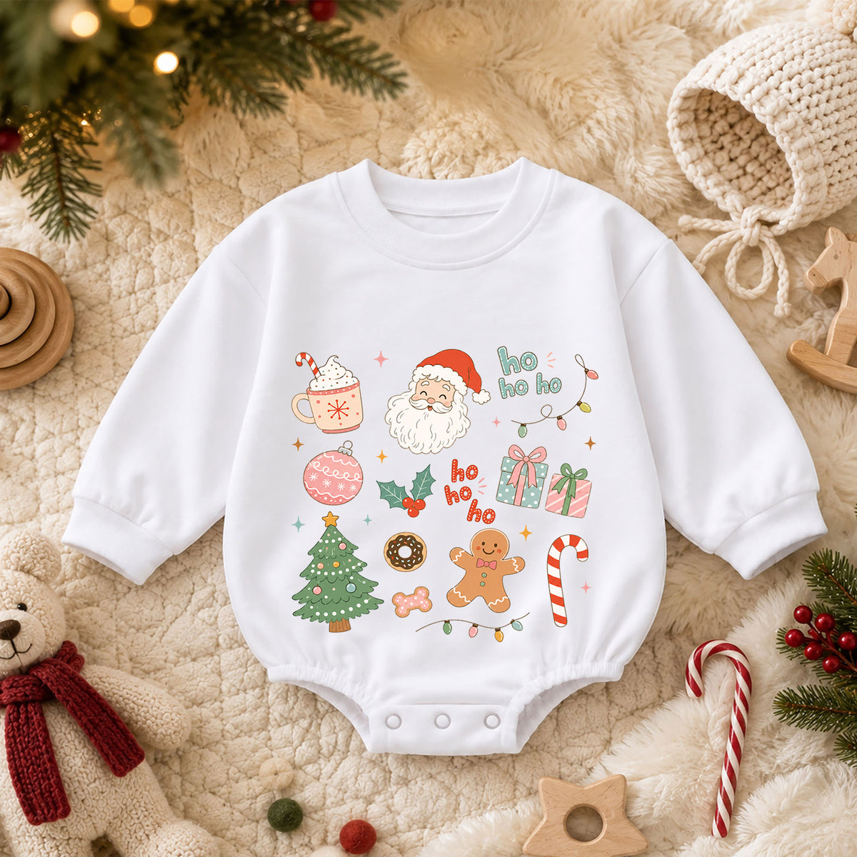 Ho Ho Ho Christmas Icons Baby Romper, Cute Santa Gingerbread Holiday Romper, Toddler Christmas Outfit, Xmas Gift — product view 3