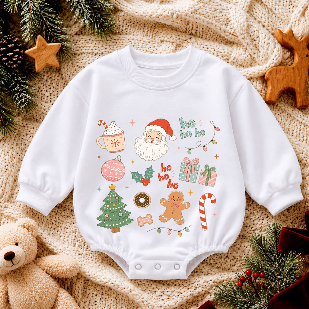 Ho Ho Ho Christmas Icons Baby Romper, Cute Santa Gingerbread Holiday Romper, Toddler Christmas Outfit, Xmas Gift — product view 4