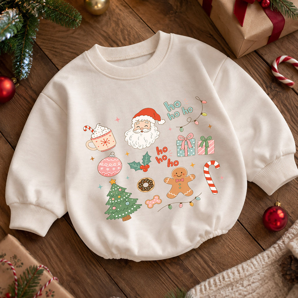 Ho Ho Ho Christmas Icons Baby Romper, Cute Santa Gingerbread Holiday Romper, Toddler Christmas Outfit, Xmas Gift — product view 5