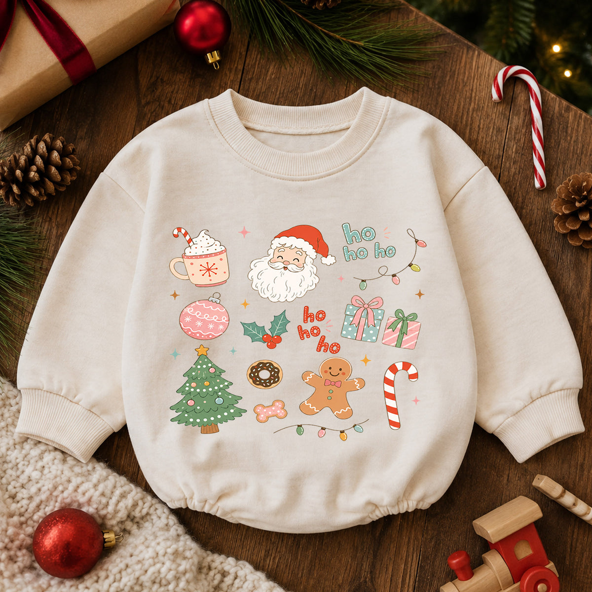 Ho Ho Ho Christmas Icons Baby Romper, Cute Santa Gingerbread Holiday Romper, Toddler Christmas Outfit, Xmas Gift — product view 6
