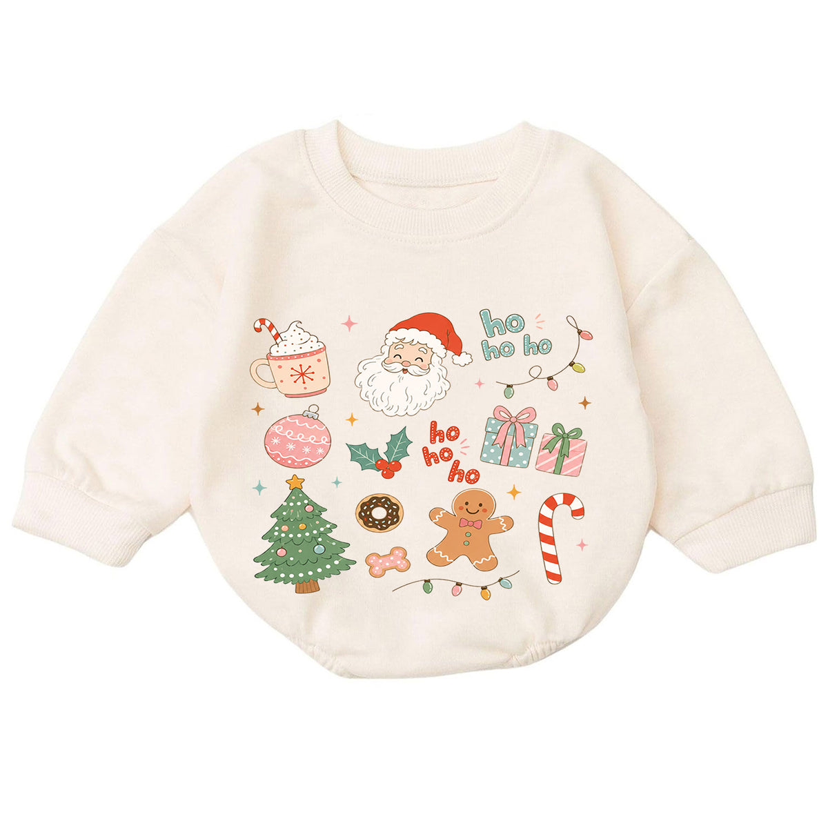 Ho Ho Ho Christmas Icons Baby Romper, Cute Santa Gingerbread Holiday Romper, Toddler Christmas Outfit, Xmas Gift — product view 7