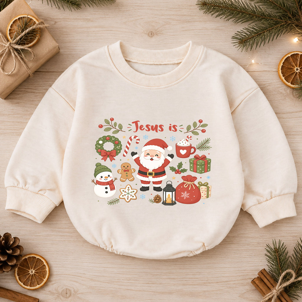 Jesus Is Christmas Baby Romper, Cute Santa Snowman Christian Holiday Romper, Faith Based Christmas Outfit for Baby — product view 1