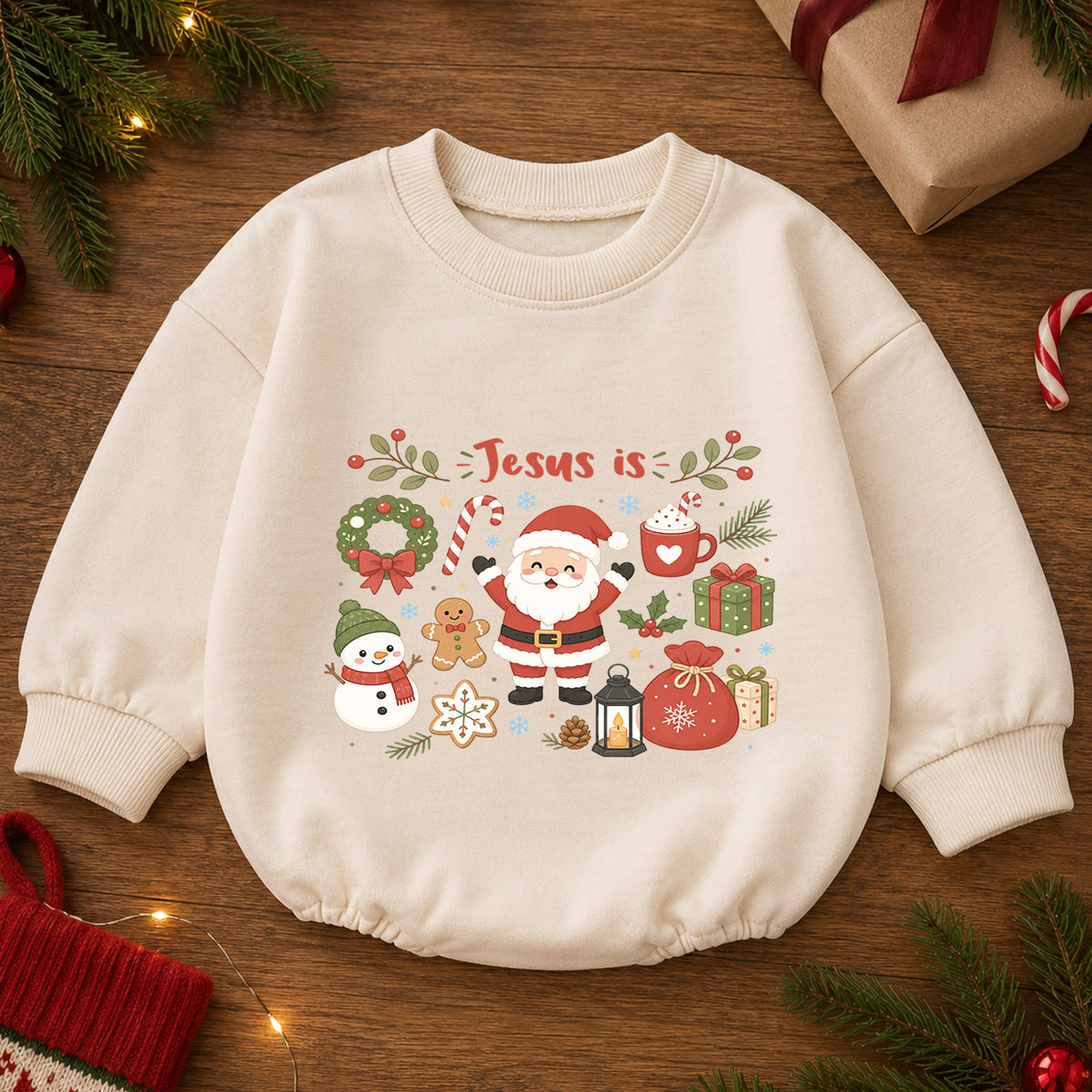 Jesus Is Christmas Baby Romper, Cute Santa Snowman Christian Holiday Romper, Faith Based Christmas Outfit for Baby — product view 2