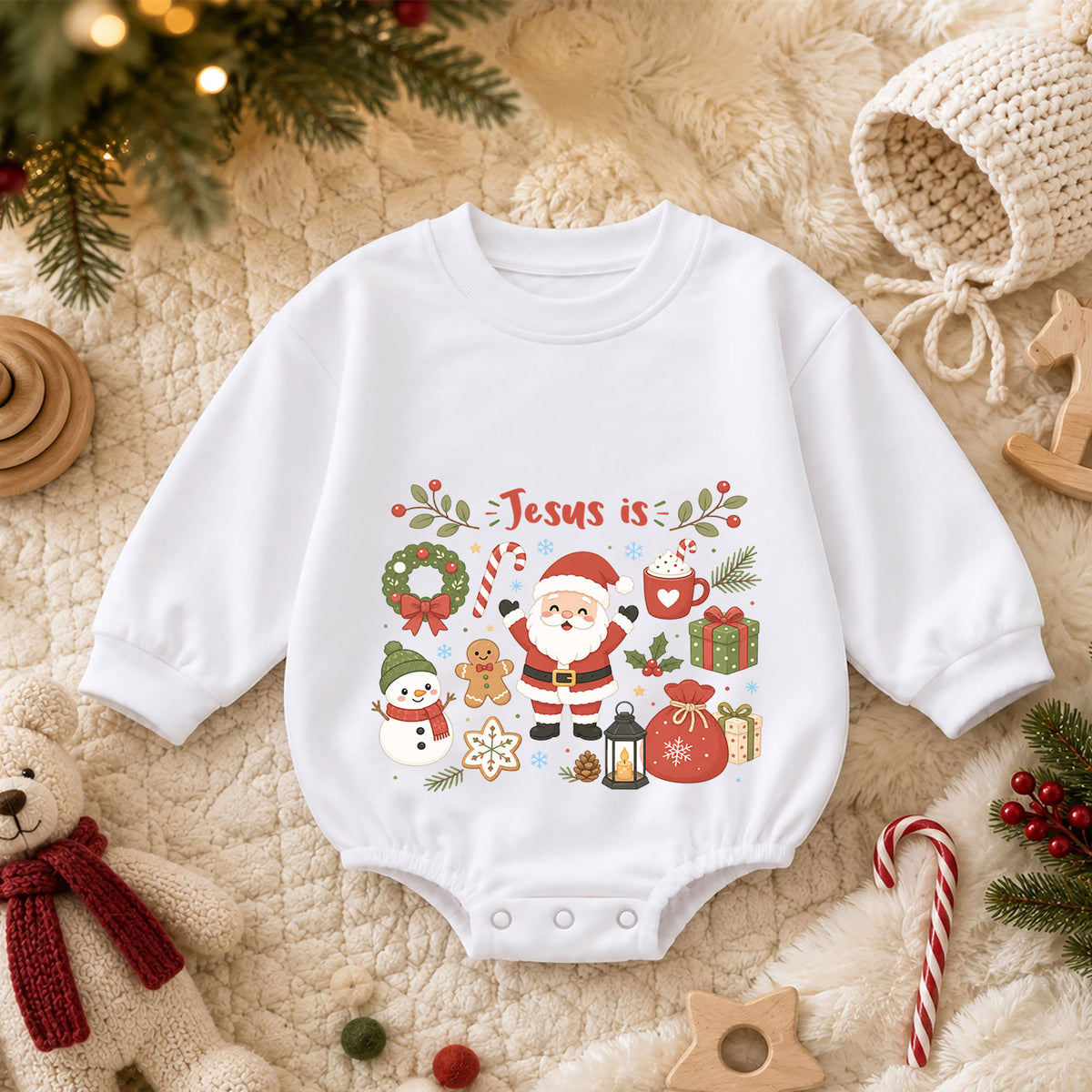 Jesus Is Christmas Baby Romper, Cute Santa Snowman Christian Holiday Romper, Faith Based Christmas Outfit for Baby — product view 3