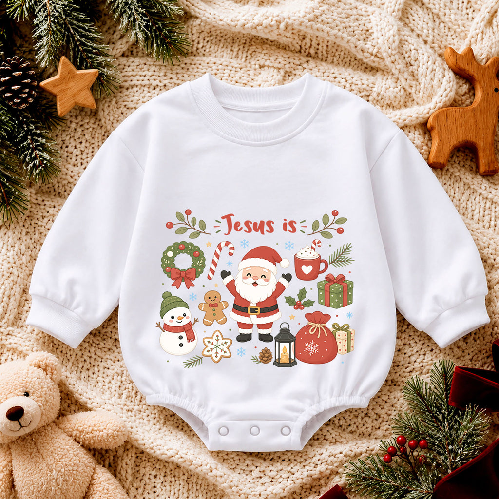 Jesus Is Christmas Baby Romper, Cute Santa Snowman Christian Holiday Romper, Faith Based Christmas Outfit for Baby — product view 4