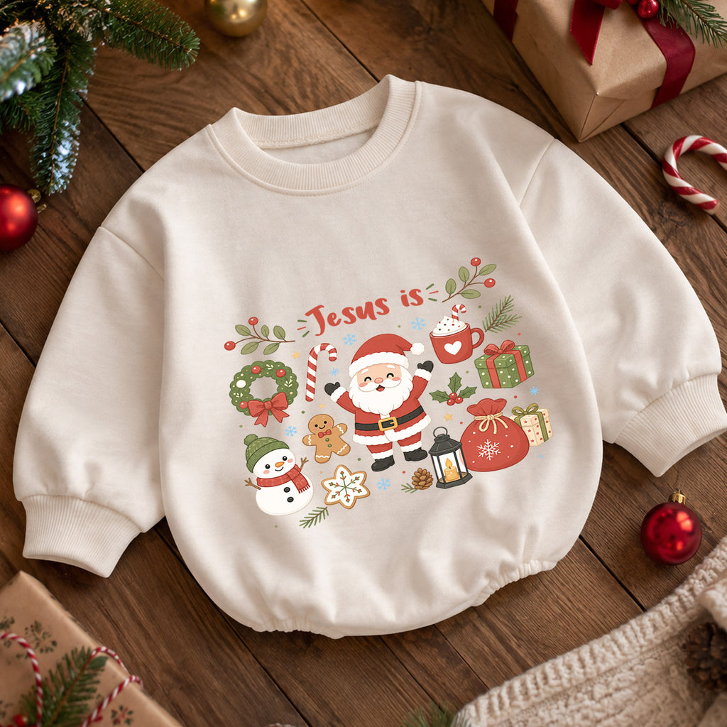 Jesus Is Christmas Baby Romper, Cute Santa Snowman Christian Holiday Romper, Faith Based Christmas Outfit for Baby — product view 5