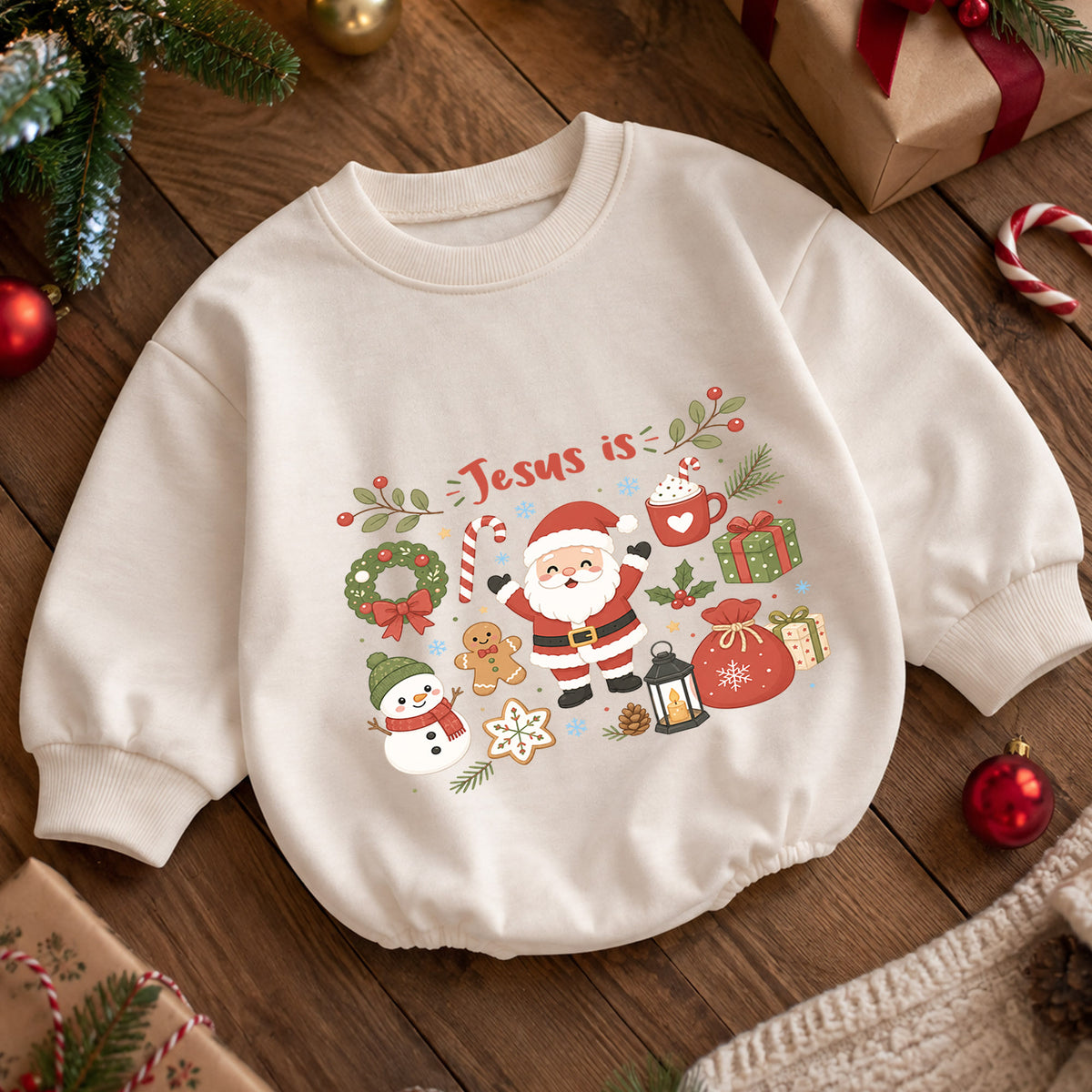 Jesus Is Christmas Baby Romper, Cute Santa Snowman Christian Holiday Romper, Faith Based Christmas Outfit for Baby — product view 5