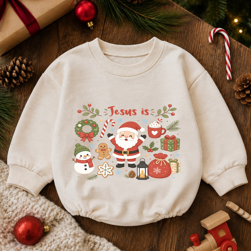 Jesus Is Christmas Baby Romper, Cute Santa Snowman Christian Holiday Romper, Faith Based Christmas Outfit for Baby — product view 6