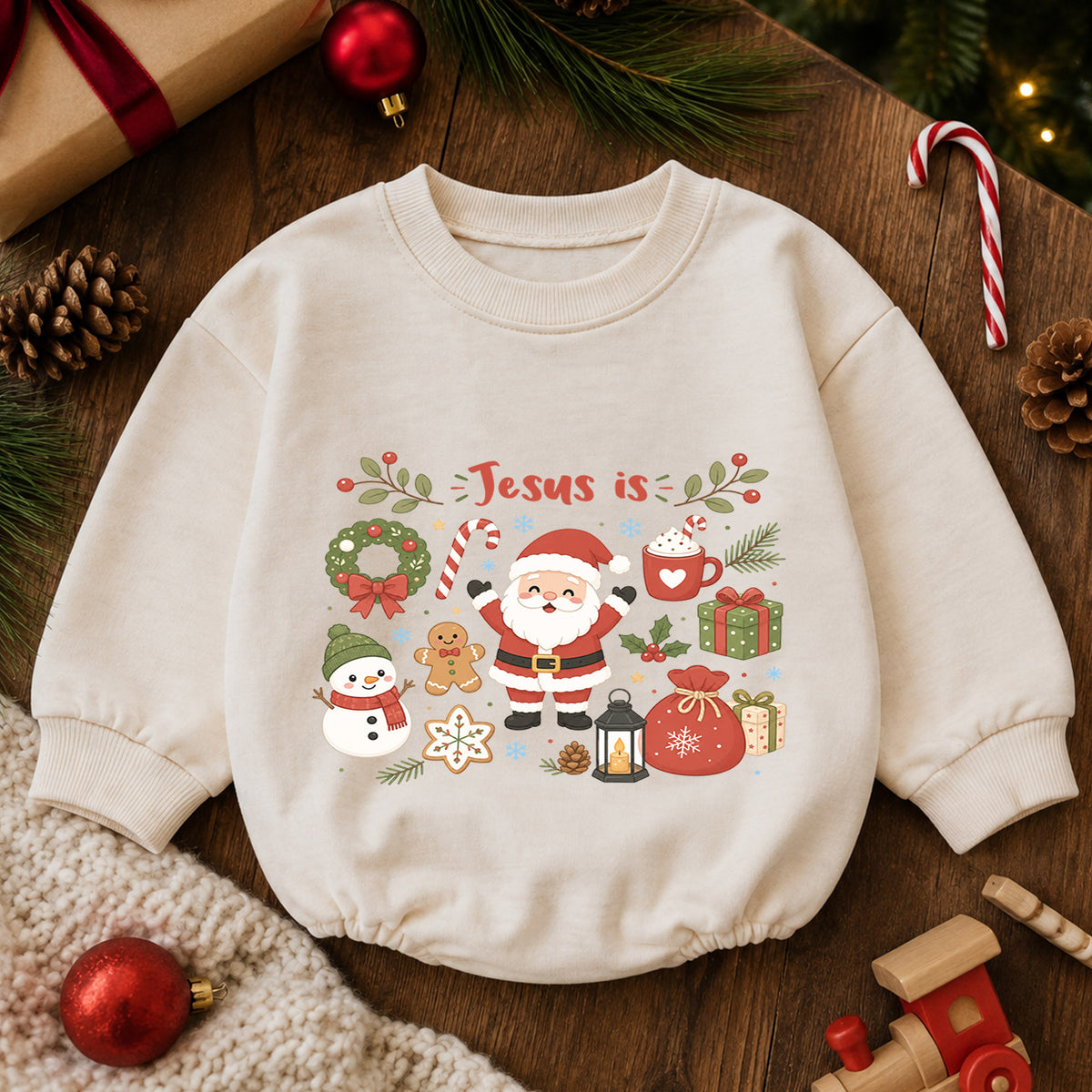 Jesus Is Christmas Baby Romper, Cute Santa Snowman Christian Holiday Romper, Faith Based Christmas Outfit for Baby — product view 6