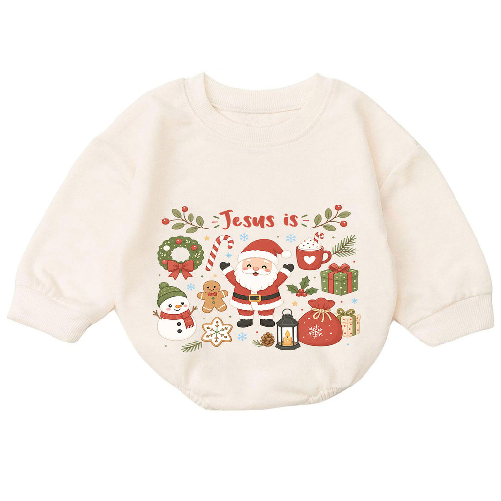 Jesus Is Christmas Baby Romper, Cute Santa Snowman Christian Holiday Romper, Faith Based Christmas Outfit for Baby — product view 7