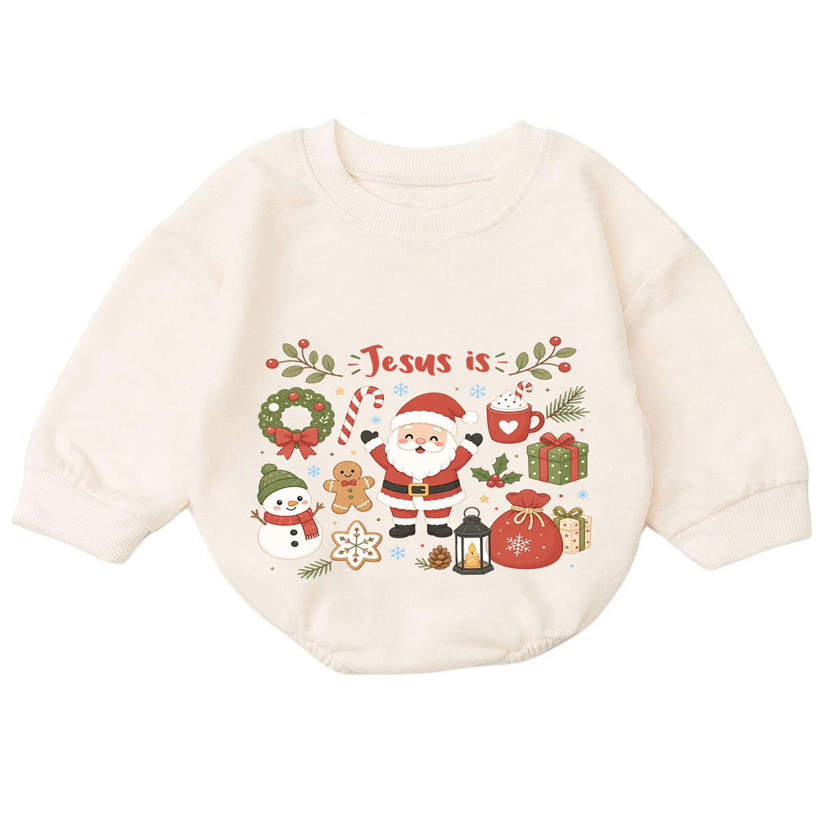 Jesus Is Christmas Baby Romper, Cute Santa Snowman Christian Holiday Romper, Faith Based Christmas Outfit for Baby — product view 7