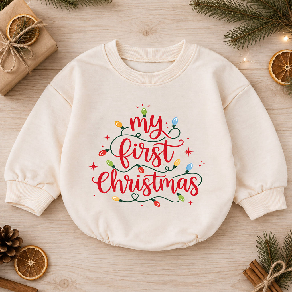 My First Christmas Baby Romper, Christmas Lights Script Romper, Baby First Xmas Outfit, Holiday Milestone Keepsake Gift — product view 1