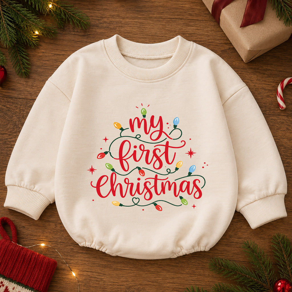 My First Christmas Baby Romper, Christmas Lights Script Romper, Baby First Xmas Outfit, Holiday Milestone Keepsake Gift — product view 2