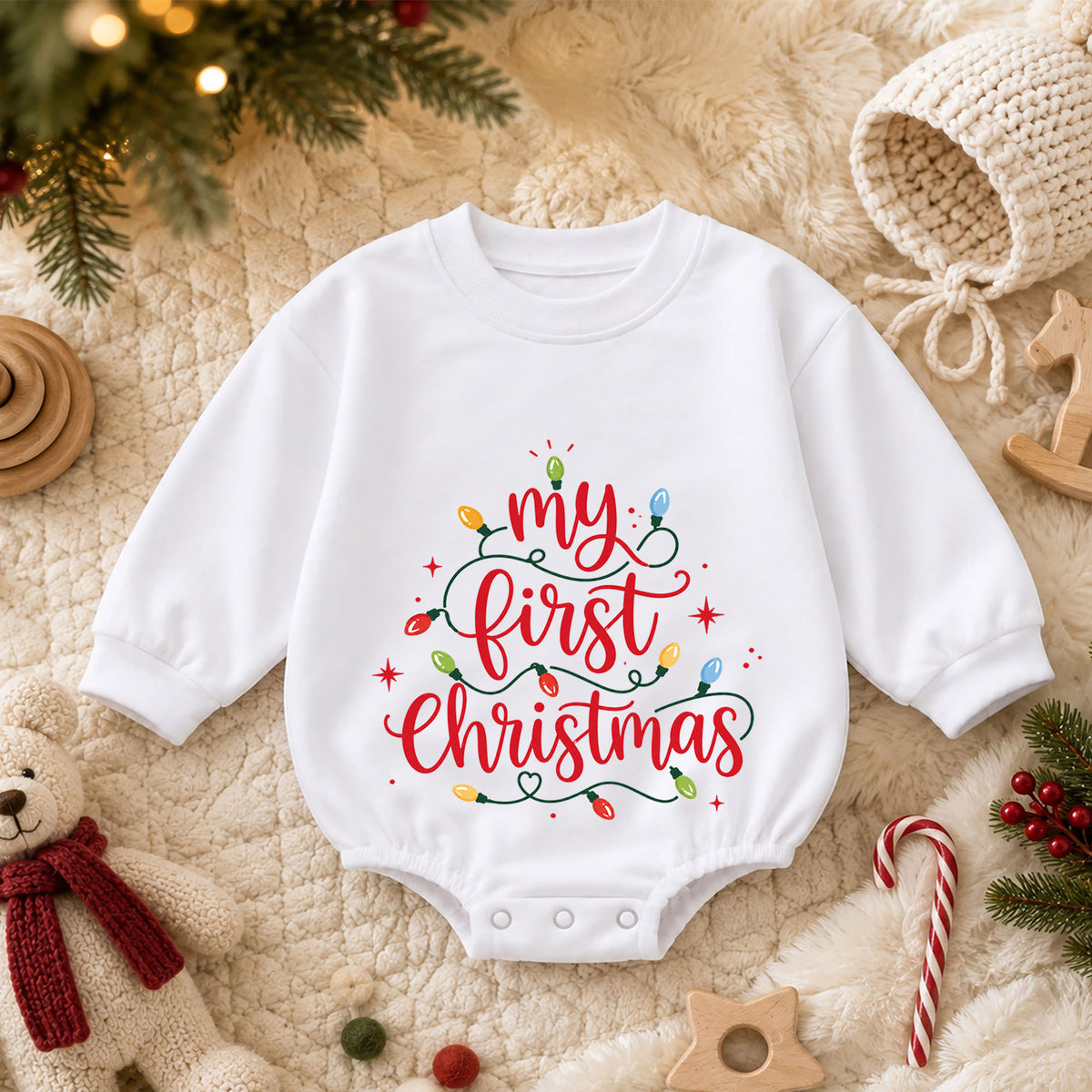My First Christmas Baby Romper, Christmas Lights Script Romper, Baby First Xmas Outfit, Holiday Milestone Keepsake Gift — product view 3