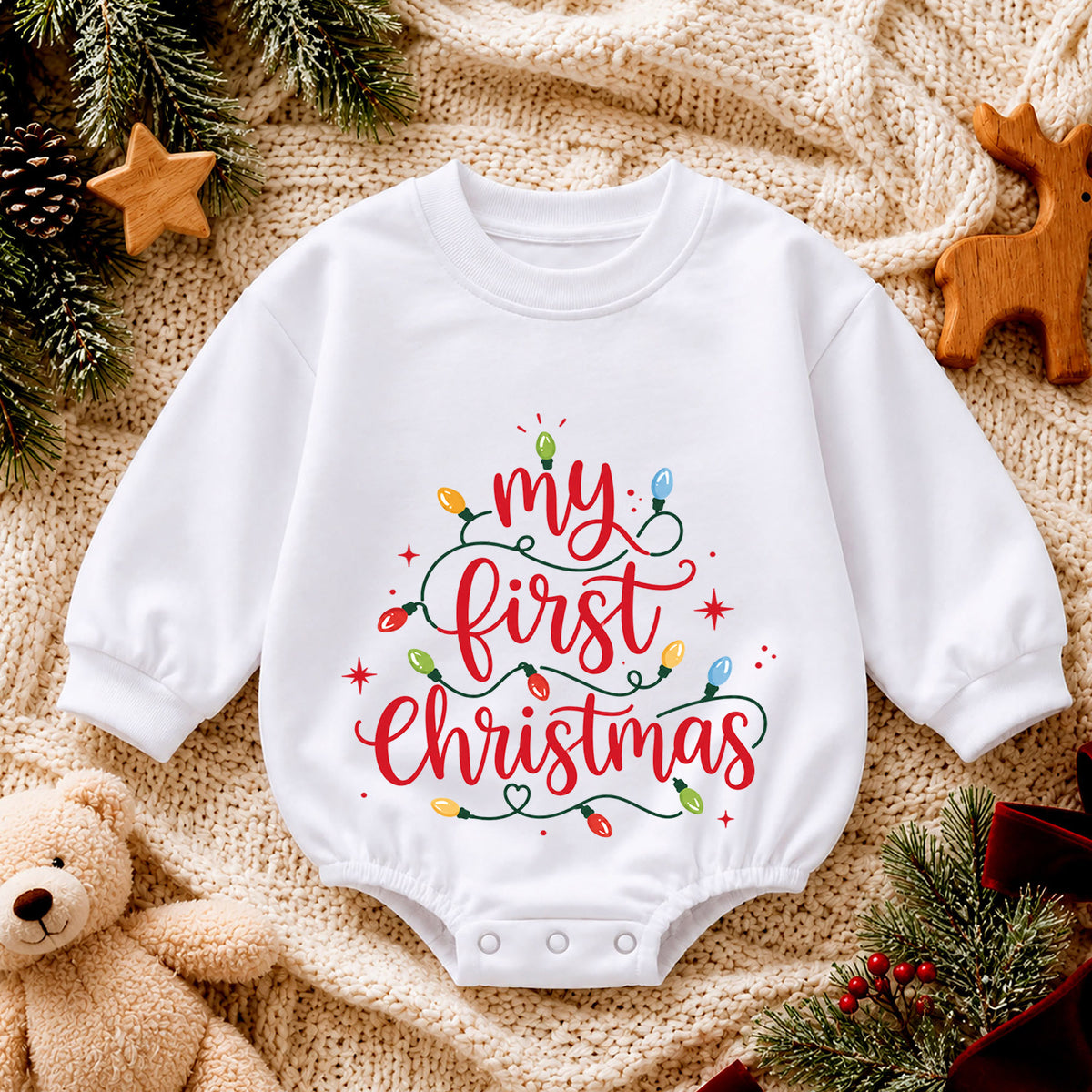 My First Christmas Baby Romper, Christmas Lights Script Romper, Baby First Xmas Outfit, Holiday Milestone Keepsake Gift — product view 4