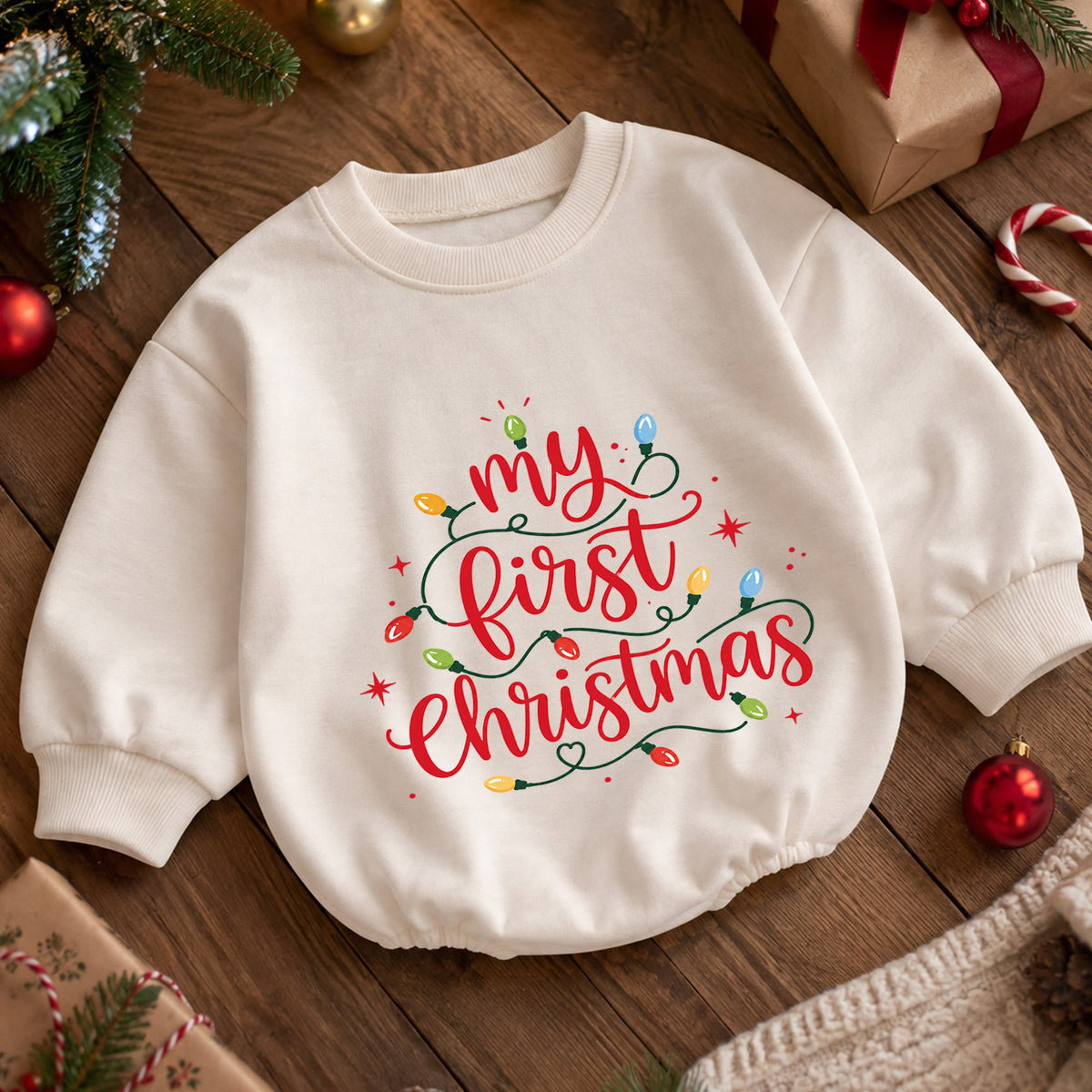 My First Christmas Baby Romper, Christmas Lights Script Romper, Baby First Xmas Outfit, Holiday Milestone Keepsake Gift — product view 5