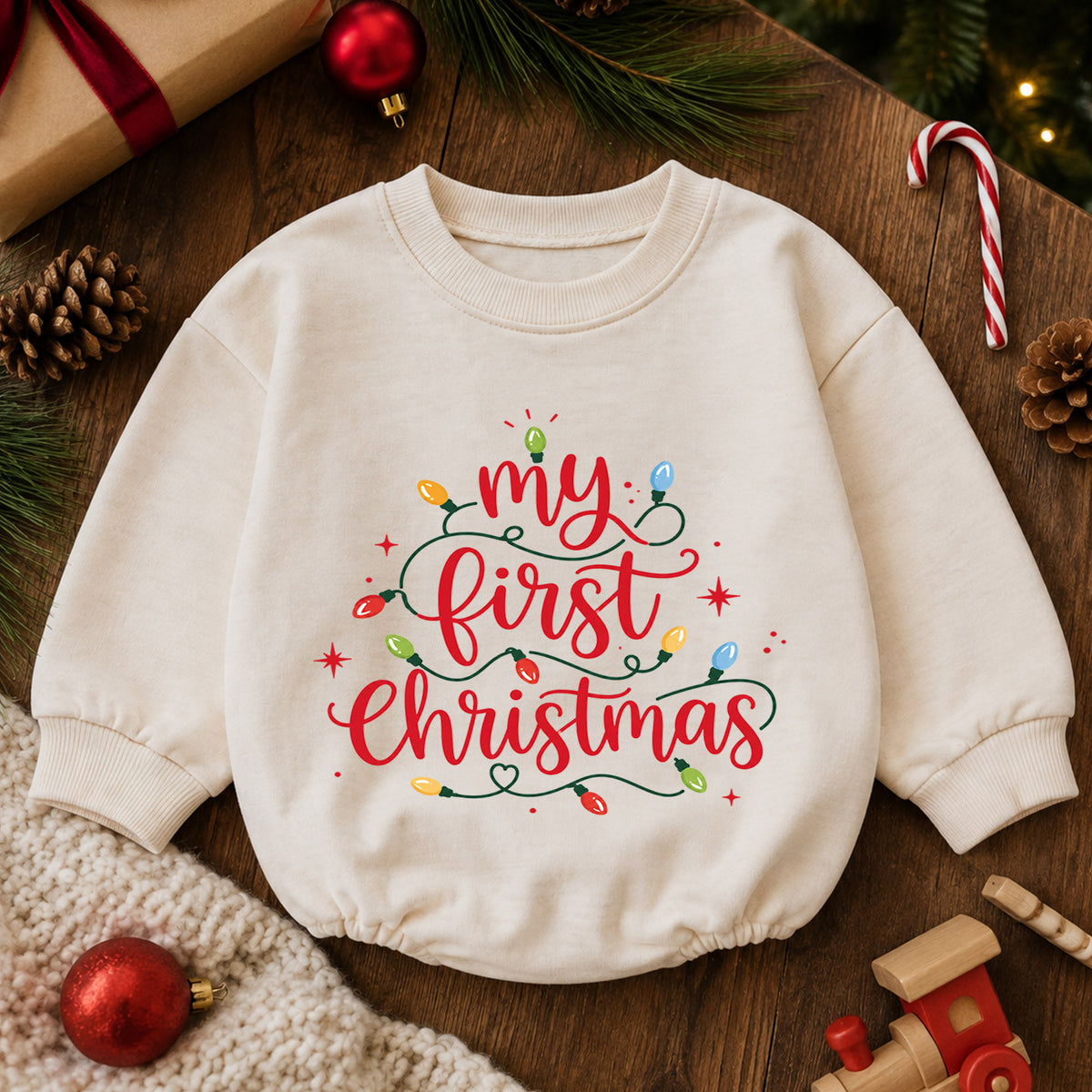 My First Christmas Baby Romper, Christmas Lights Script Romper, Baby First Xmas Outfit, Holiday Milestone Keepsake Gift — product view 6