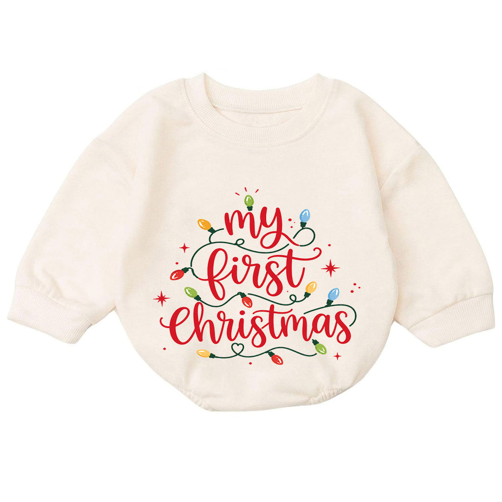 My First Christmas Baby Romper, Christmas Lights Script Romper, Baby First Xmas Outfit, Holiday Milestone Keepsake Gift — product view 7