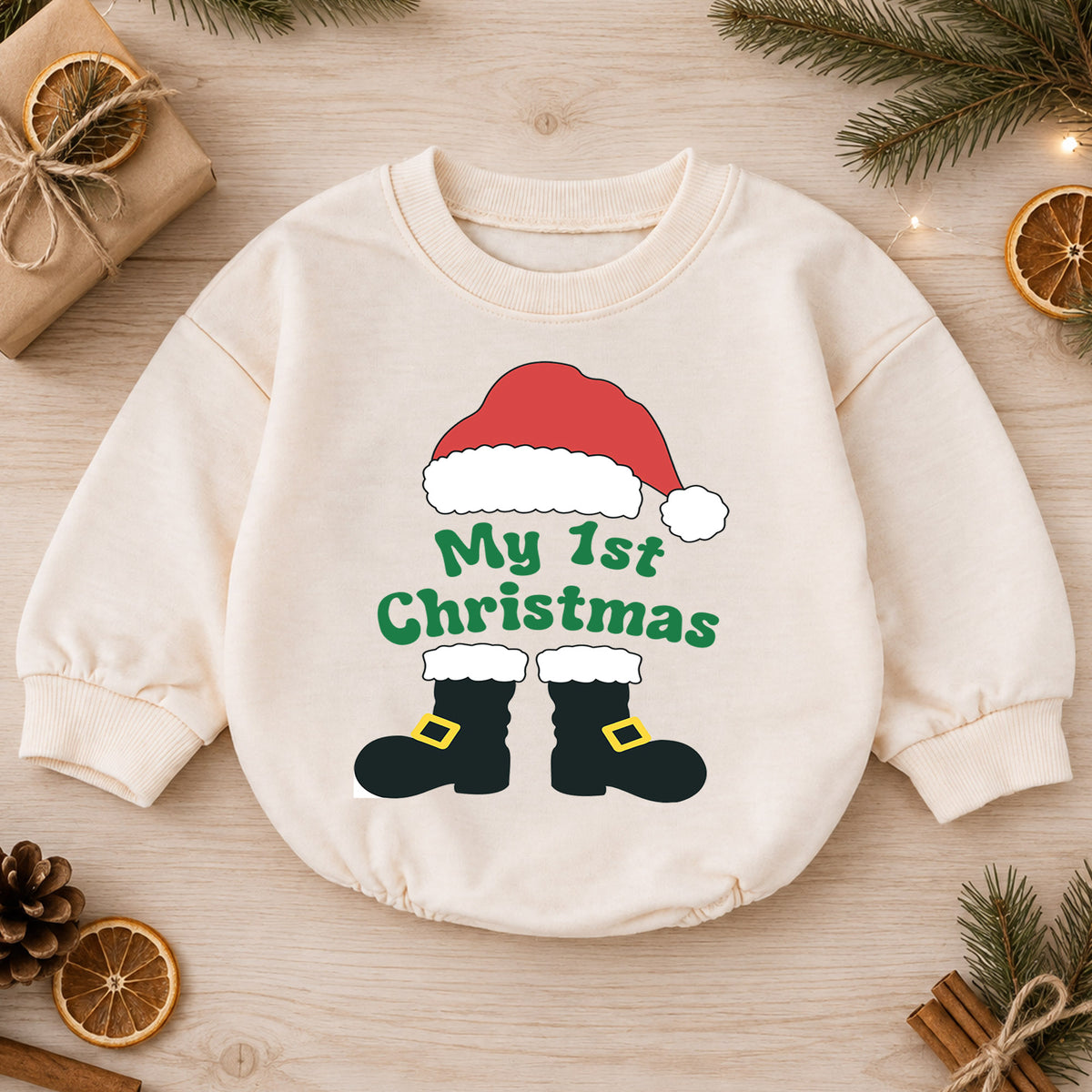 My 1st Christmas Santa Boots Romper, Baby First Christmas Outfit, Cute Holiday Romper for 1st Birthday, Xmas Photo Keepsake Gift — product view 1