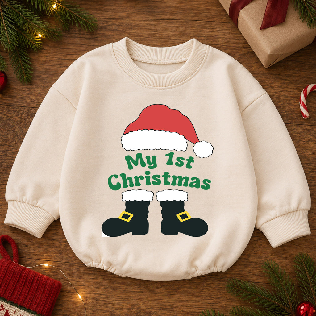 My 1st Christmas Santa Boots Romper, Baby First Christmas Outfit, Cute Holiday Romper for 1st Birthday, Xmas Photo Keepsake Gift — product view 2