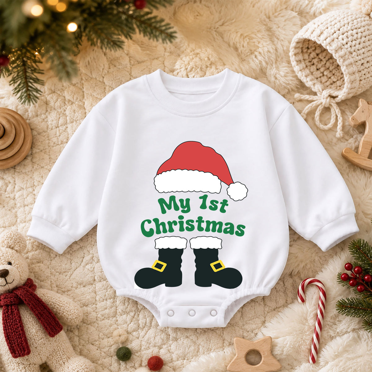 My 1st Christmas Santa Boots Romper, Baby First Christmas Outfit, Cute Holiday Romper for 1st Birthday, Xmas Photo Keepsake Gift — product view 3
