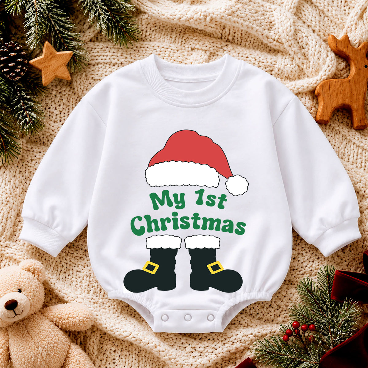 My 1st Christmas Santa Boots Romper, Baby First Christmas Outfit, Cute Holiday Romper for 1st Birthday, Xmas Photo Keepsake Gift — product view 4