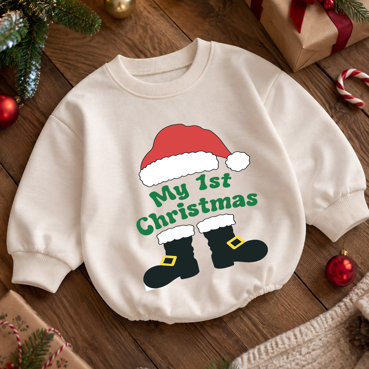 My 1st Christmas Santa Boots Romper, Baby First Christmas Outfit, Cute Holiday Romper for 1st Birthday, Xmas Photo Keepsake Gift — product view 5