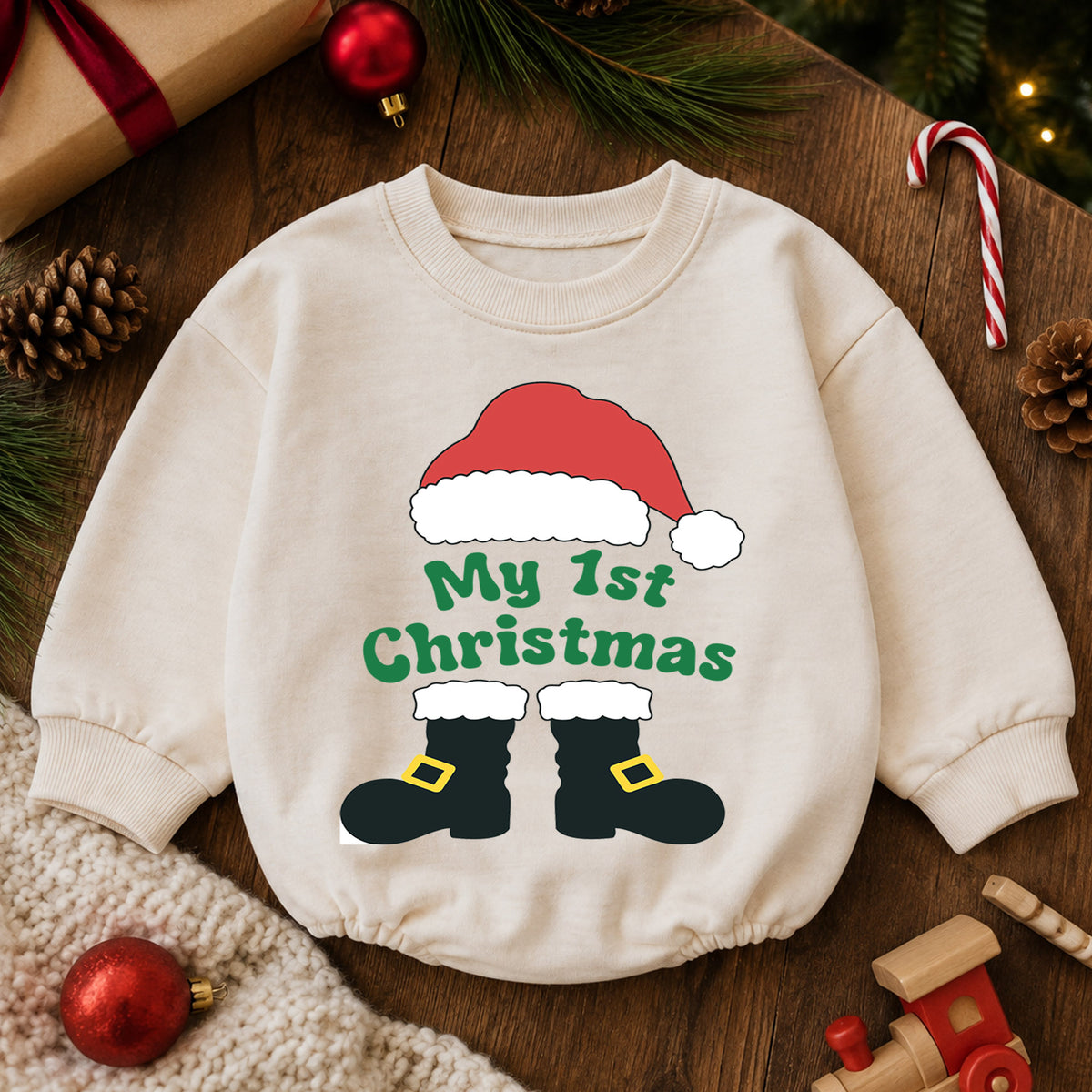 My 1st Christmas Santa Boots Romper, Baby First Christmas Outfit, Cute Holiday Romper for 1st Birthday, Xmas Photo Keepsake Gift — product view 6